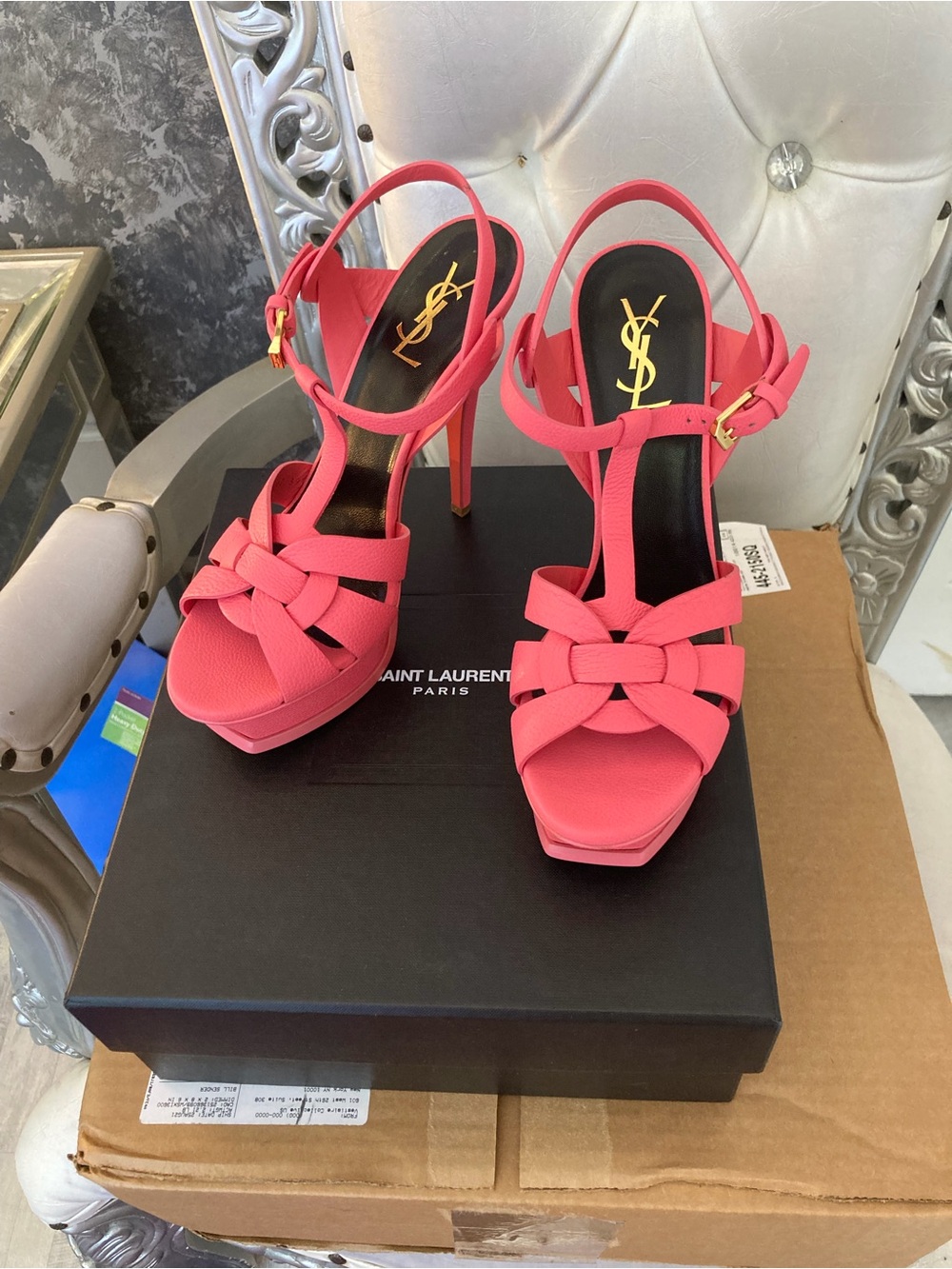 Saint Laurent Coral Pink Knotted Platform Sandals with Gold Buckle